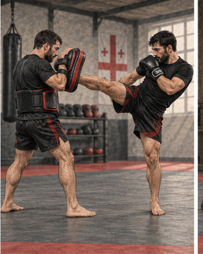 Illustration of kickboxing and Muay Thai pad training